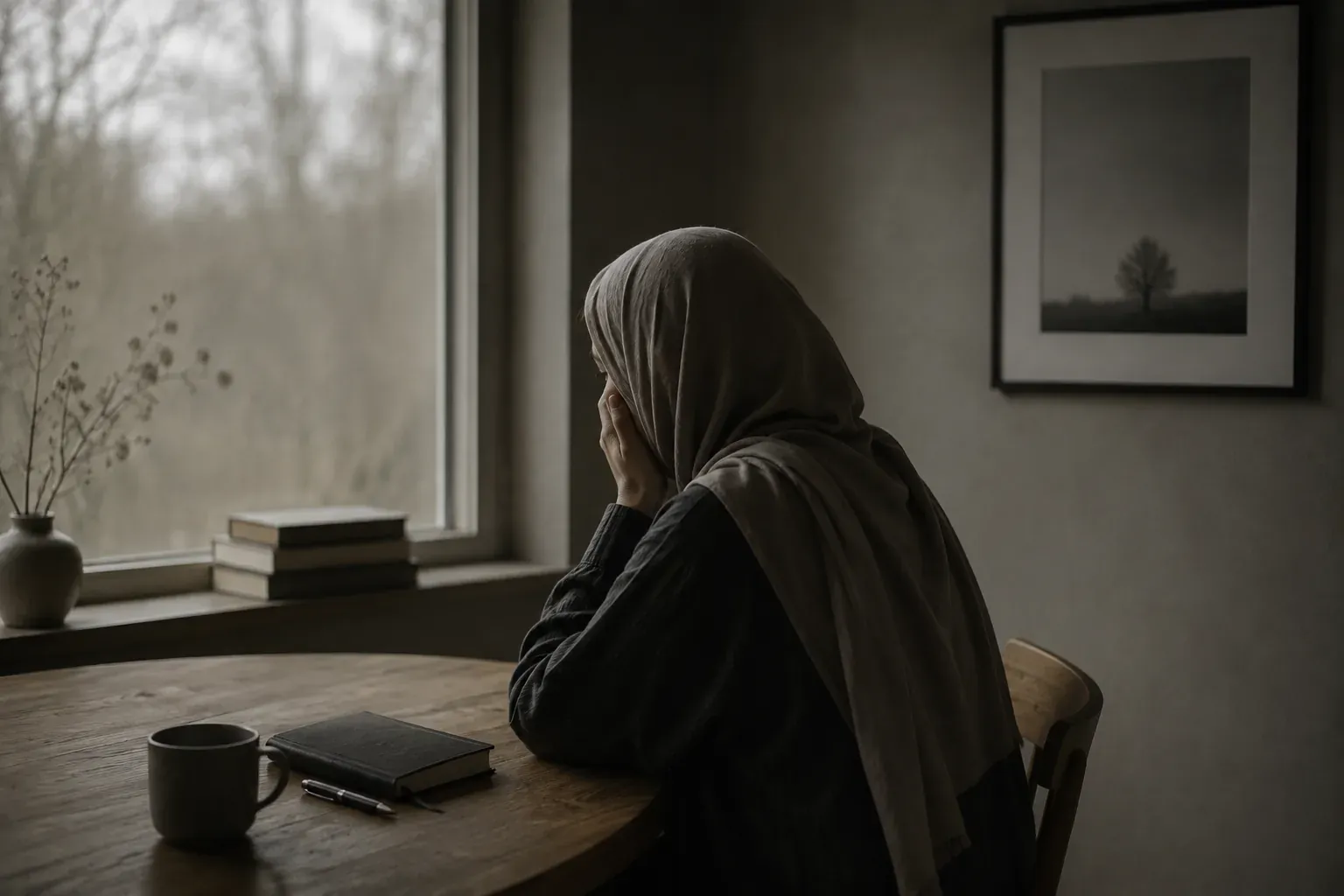 Kvinna i sjal vid ett köksbord med en obruten anteckningsbok och en kall kopp, framför ett fönster mot kala vinterträd