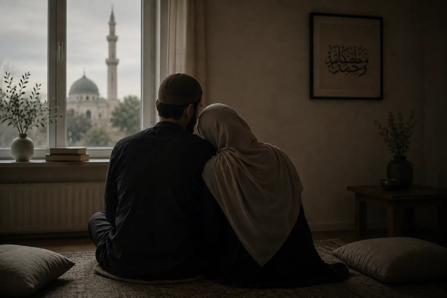 Par sett bakifrån på golvet vid ett fönster, kvinnan lutar huvudet mot mannens axel, med en moskés kupol och minaret utanför