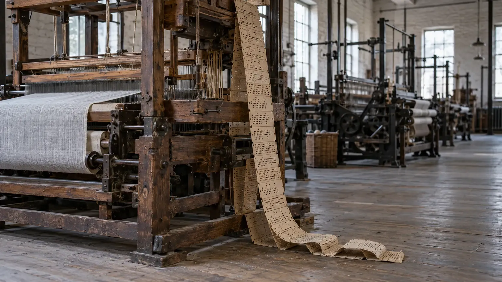 En gammal jacquardvävstol av mörkt trä i en tom textilfabrik; från vävstolens topp hänger en lång kedja av ljusa hålkort ned och lägger sig i veck på plankgolvet. Till vänster ett halvvävt grått tyg, i bakgrunden ur fokus rader av järnvävstolar under höga fabriksfönster.