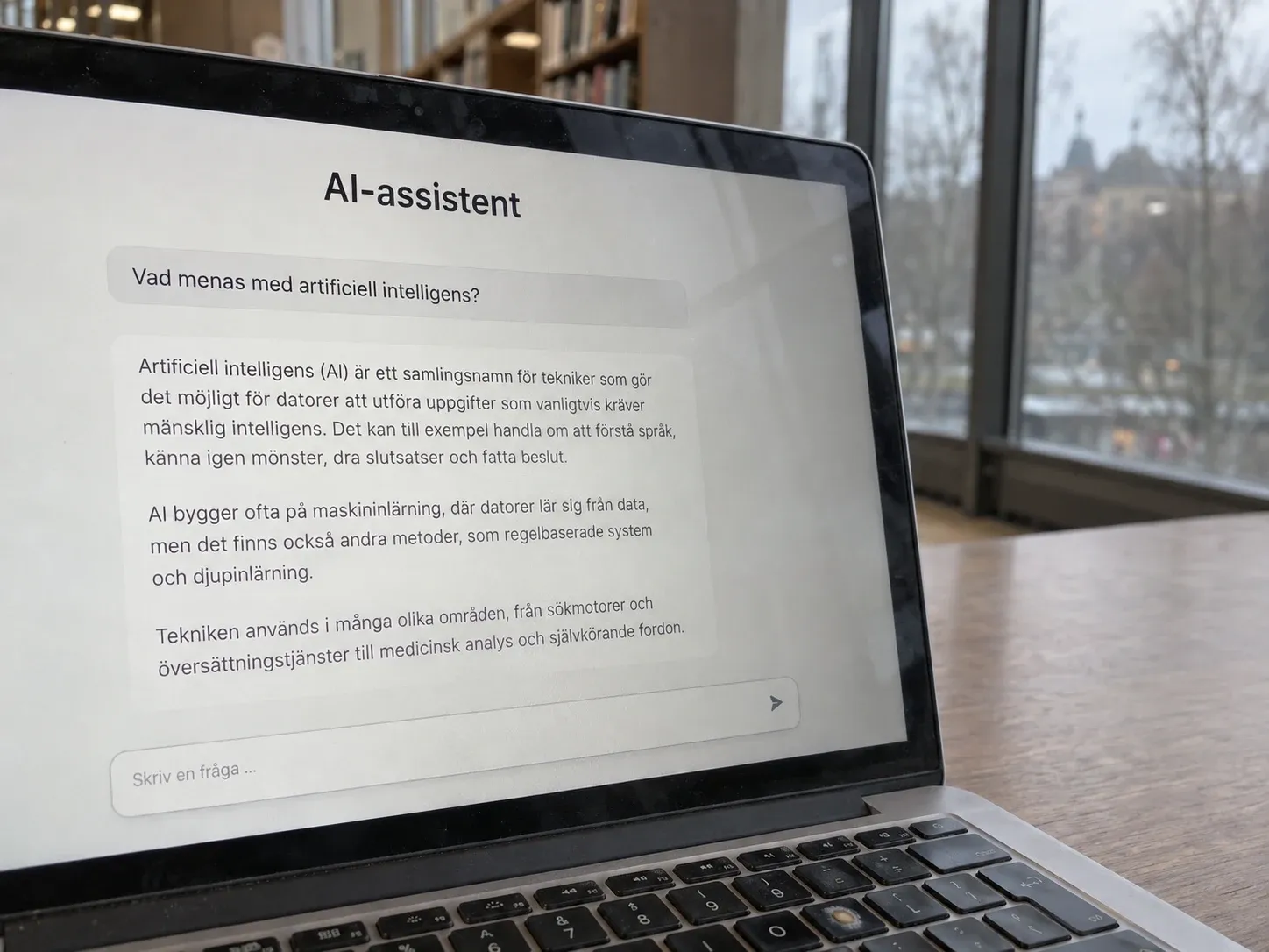 Närbild av en bärbar dator med en AI-assistent på skärmen, vid ett biblioteksfönster i grått dagsljus.