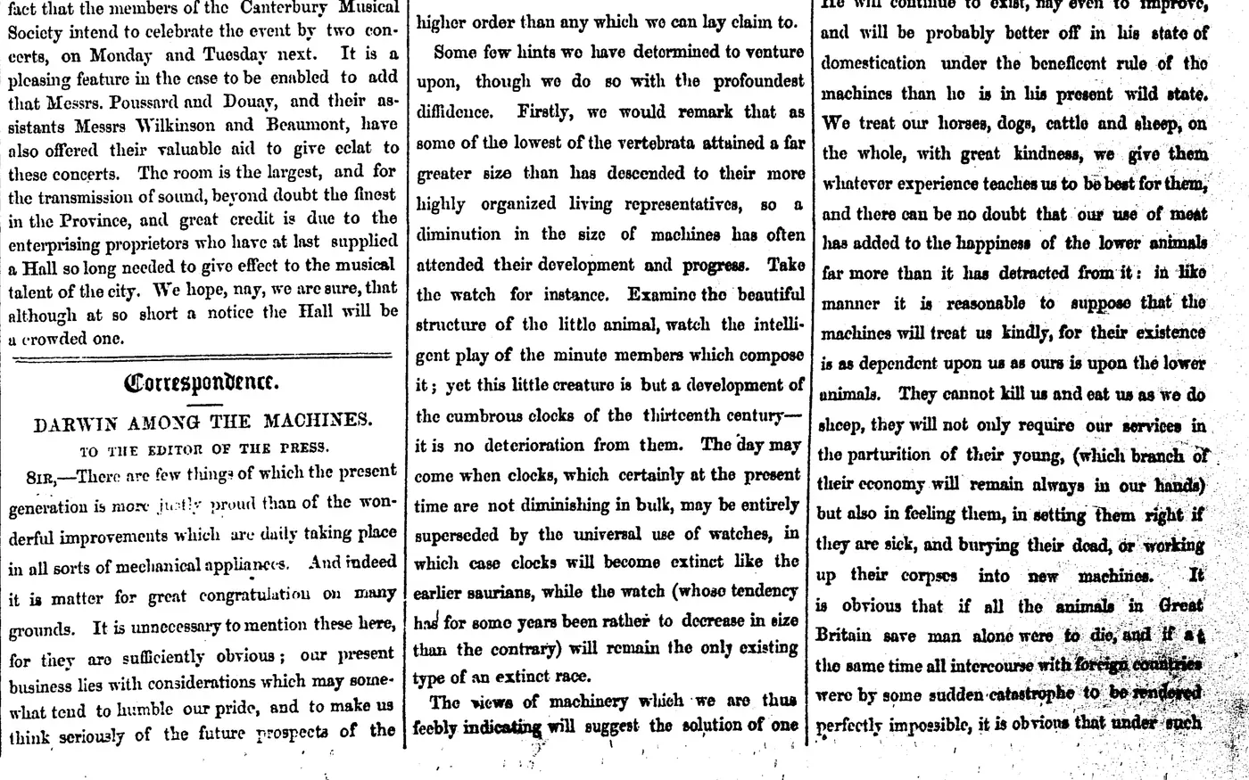 Tidningssida i tät spaltsättning; mitt i den vänstra spalten rubriken Correspondence och under den Darwin among the Machines, To the Editor of the Press.