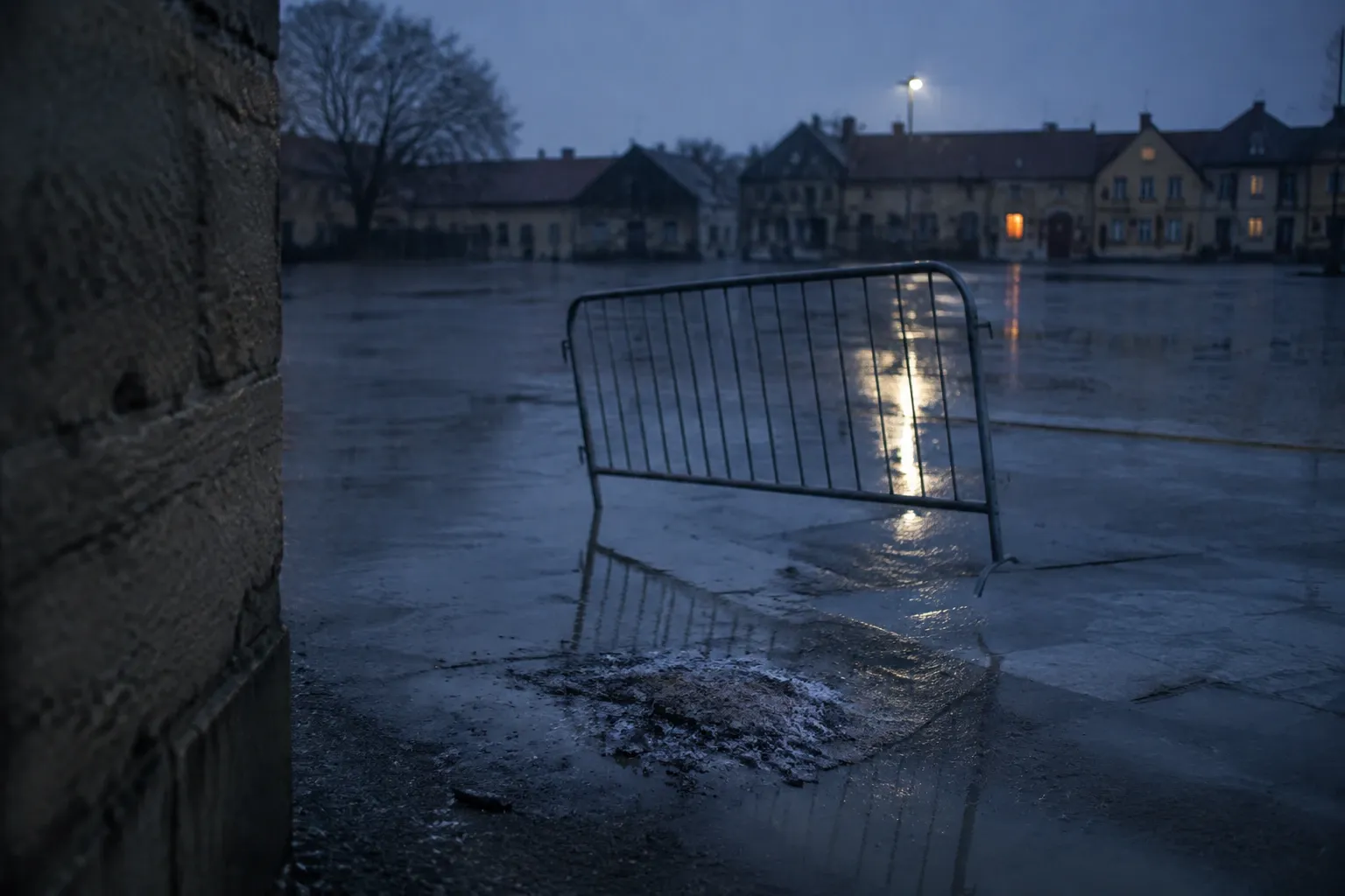 Tomt torg i regn efter en demonstration, med ett snedställt avspärrningsstaket och aska i en pöl.