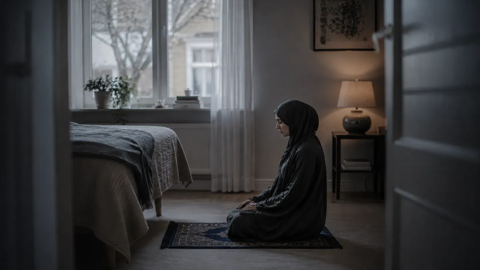 Kvinna i svart hijab och abaya sitter i bön på en bönematta i ett dämpat upplyst sovrum.