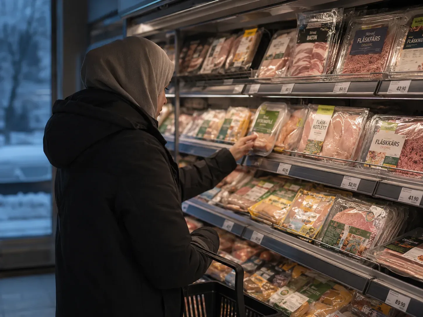 Kvinna i sjal vid en kyldisk i en svensk livsmedelsbutik, med fläskfärs och bacon i hyllorna