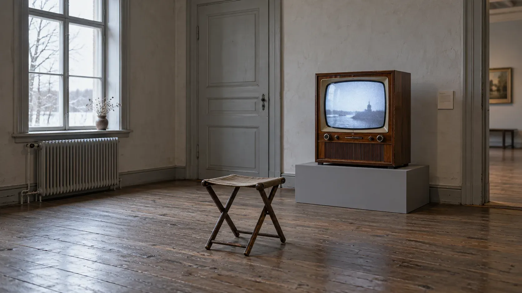 En tv-apparat från 1950-talet i trälåda står ensam på en grå sockel i ett tomt museirum; skärmen lyser svagt. Framför den på det slitna plankgolvet står en tom fällpall, och genom ett högt fönster till vänster faller grått vinterljus.