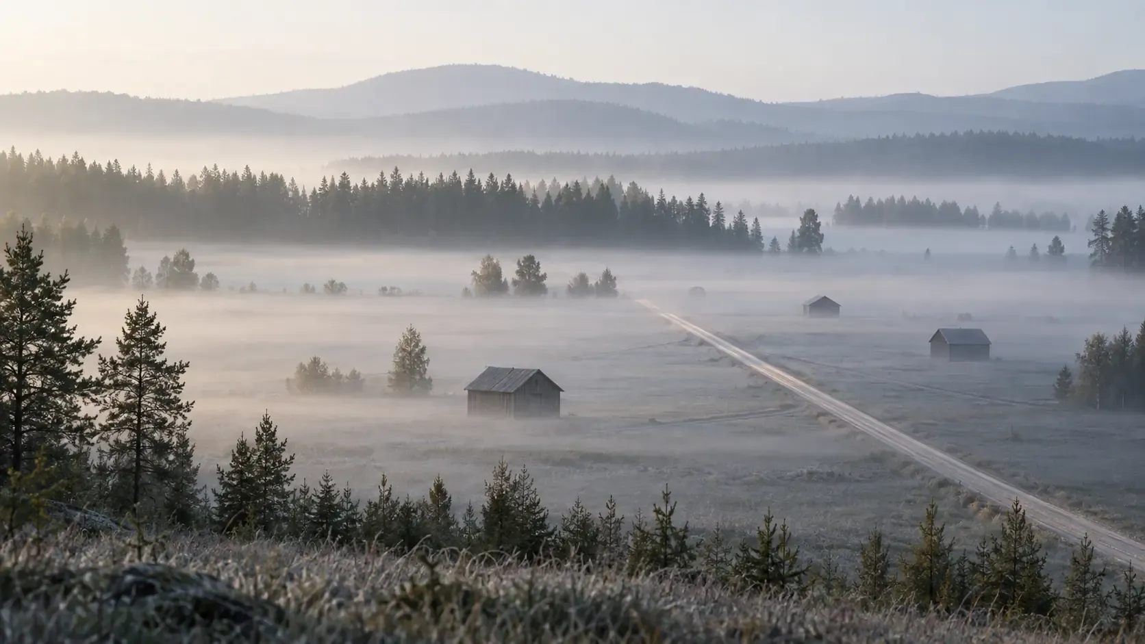 En bred dal i Dalarna i gryningen, sedd från en skogsklädd höjd; tät markdimma fyller dalbotten, och en ljus grusväg löper rakt och diagonalt genom den. Några grå timmerlador står halvt dolda i dimman, och skogsåsar bleknar i blå dis under en mjölkvit himmel.