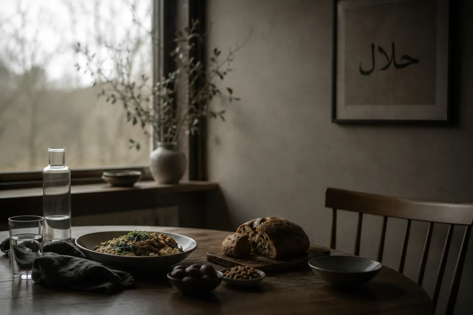 Dukat bord med en skål mat, mörkt bröd, dadlar och vatten, under en inramad kalligrafi med ordet halal