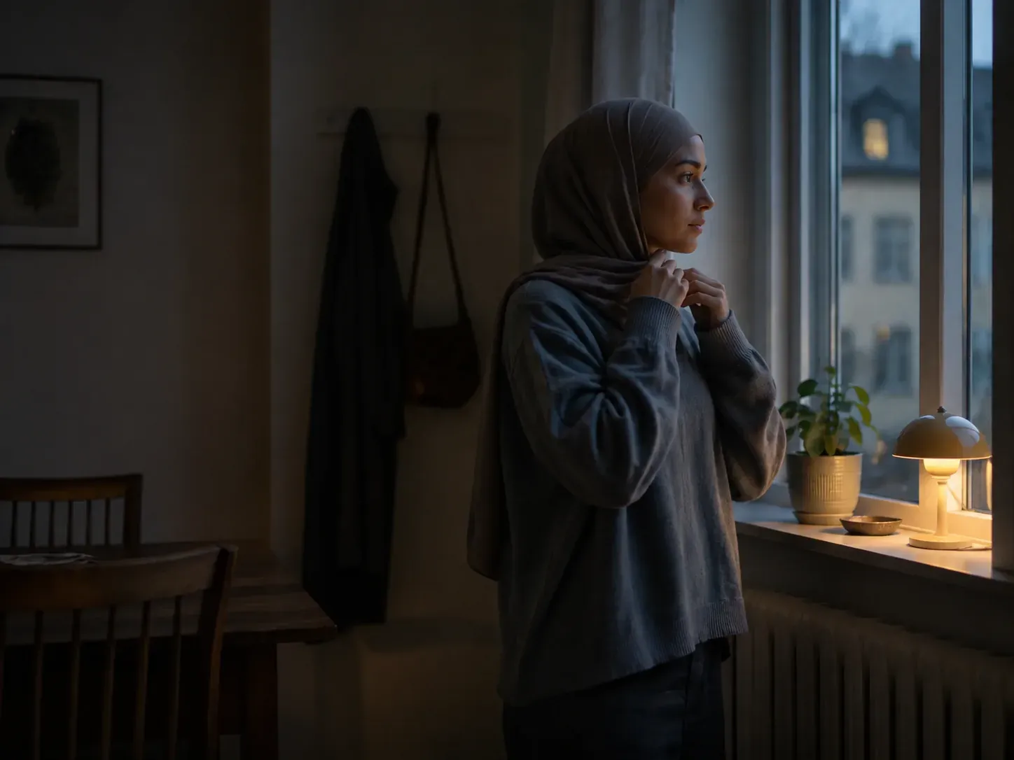Kvinna som fäster sin sjal vid ett fönster i skymningen, med tända fönster i kvarteret utanför