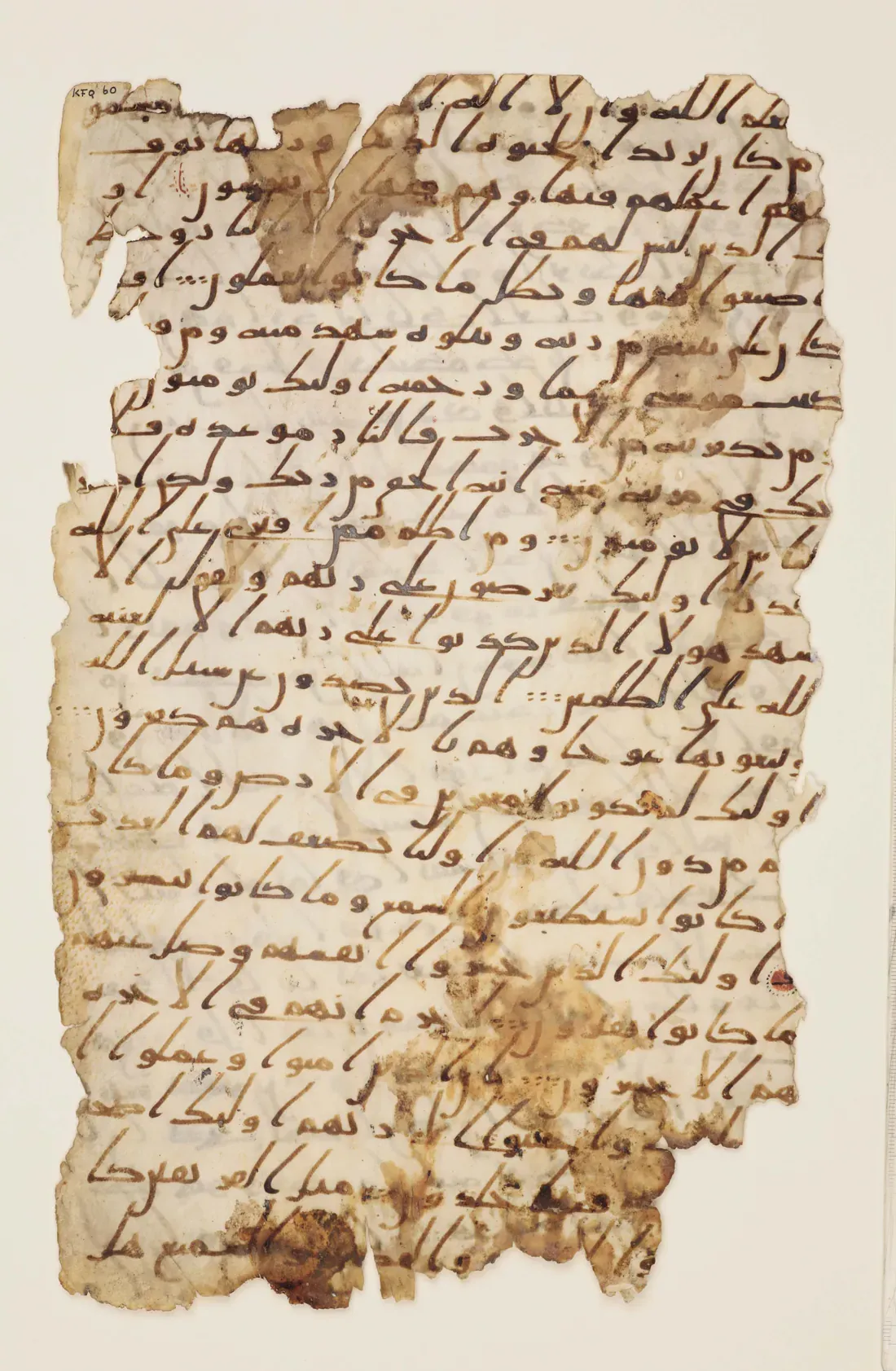 Ett slitet pergamentblad med fransiga kanter och bruna fläckar, täckt av rader med lutande arabisk skrift i brunt bläck.