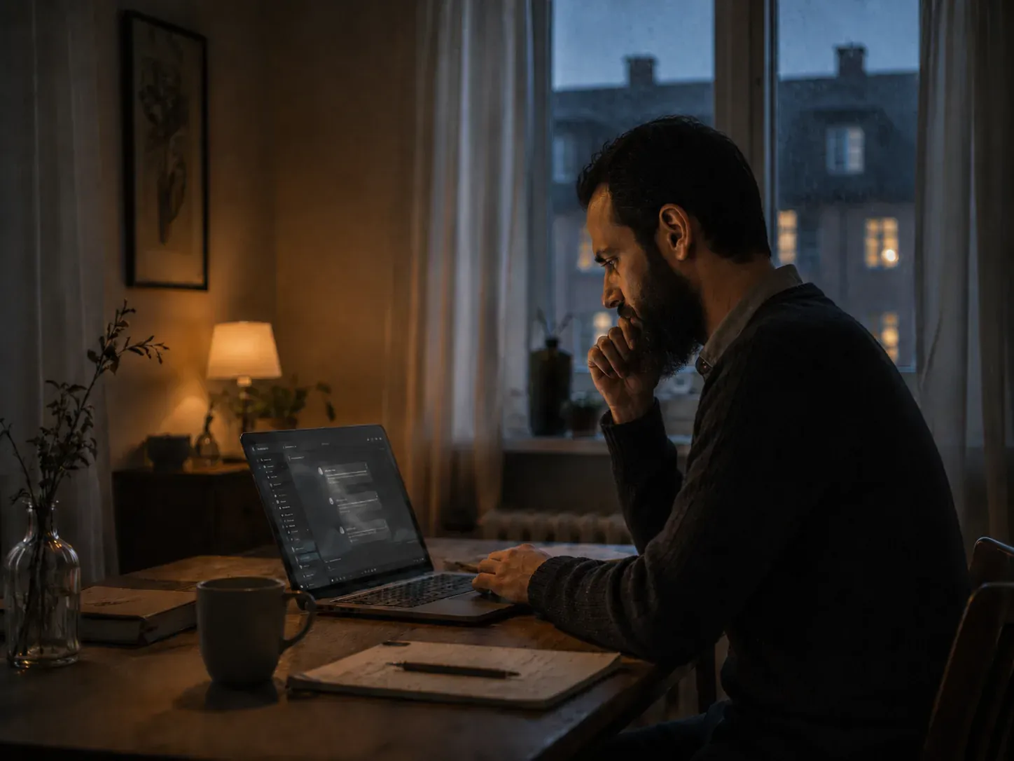 Man vid en laptop i kvällsljus, med ett handskrivet block bredvid tangentbordet