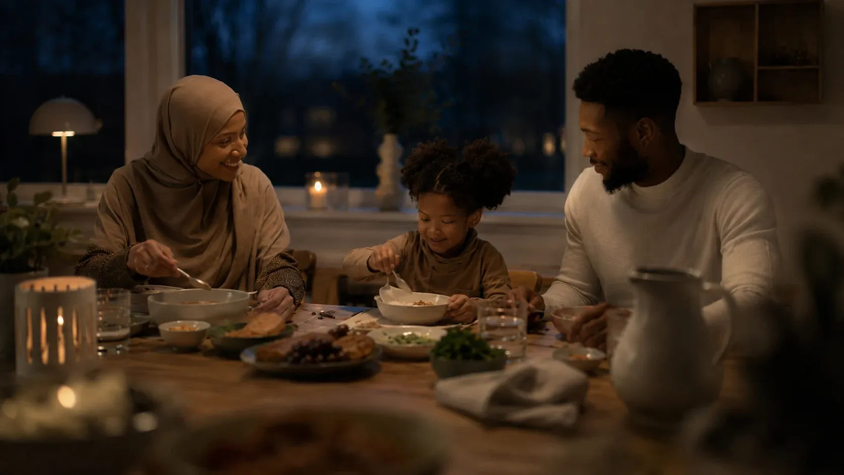 Familj som bryter fastan vid ett dukat bord i levande ljus, med blå vinterskymning utanför fönstret