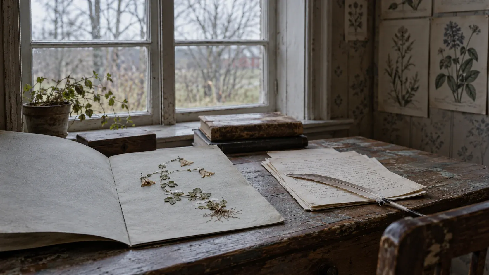 Ett slitet skrivbord vid ett spröjsat fönster i grått dagsljus: en uppslagen herbariepärm med en pressad växt, en bunt handskrivna blad med en gåspenna lagd över dem och två gamla böcker; på väggen till höger sitter äldre botaniska planscher.