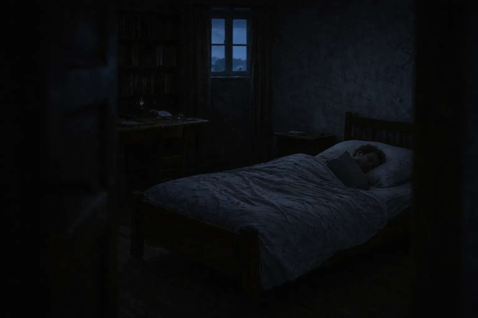En person sover i en bädd i ett nästan helmörkt rum, med svagt blått nattljus genom ett litet fönster.
