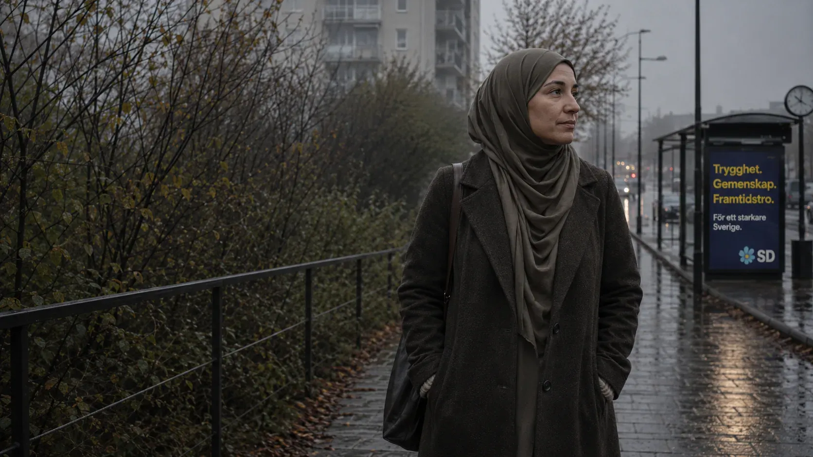 En kvinna i hijab och mörk kappa står på en regnvåt trottoar i en svensk stad. Bakom henne bär en busskur en valaffisch från Sverigedemokraterna med orden Trygghet, Gemenskap, Framtidstro.