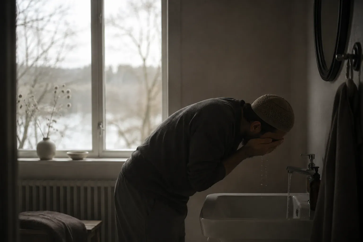 Man som tvättar ansiktet vid ett handfat, med vinterljus och kala träd utanför fönstret