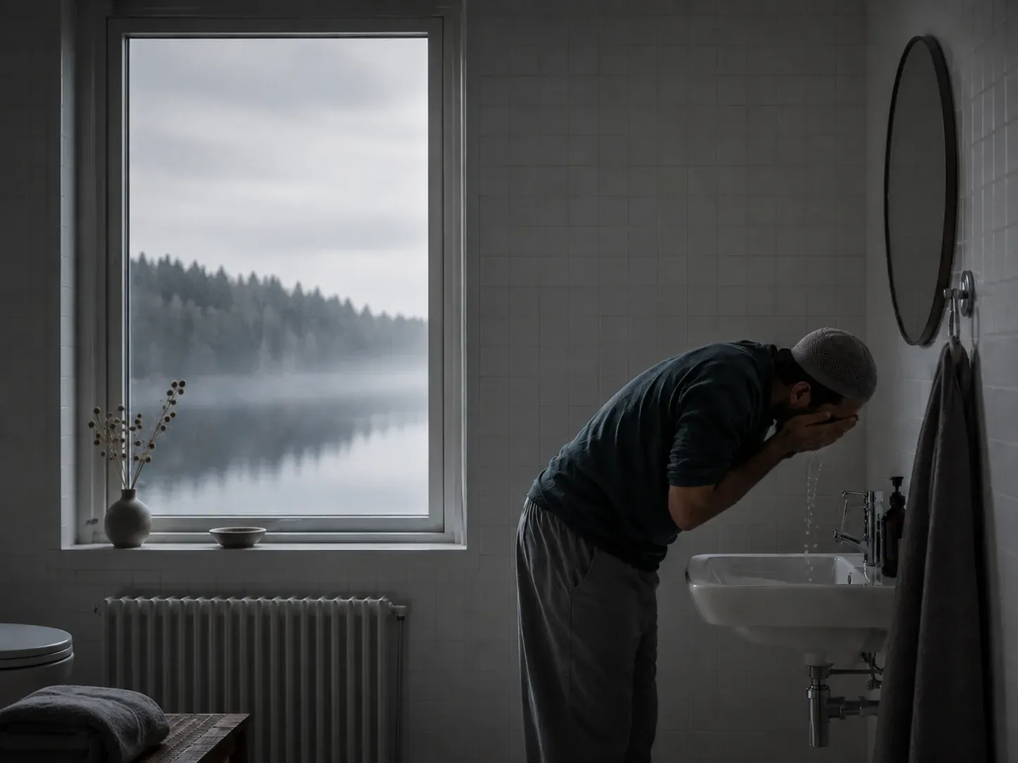 Man som tvättar ansiktet vid ett handfat, med dimma över en skogssjö utanför fönstret