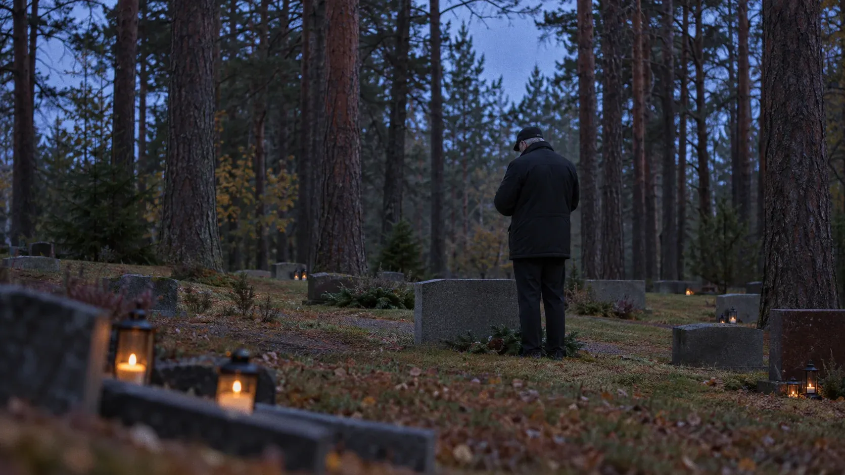 Skymning på en kyrkogård bland höga tallar. En man i mörk jacka och keps står sedd bakifrån med sänkt huvud vid en låg gravsten där inget ljus brinner. I förgrunden brinner ljus i två lyktor vid en annan gravrad, oskarpt, och några små lågor syns längre bort mellan stammarna.
