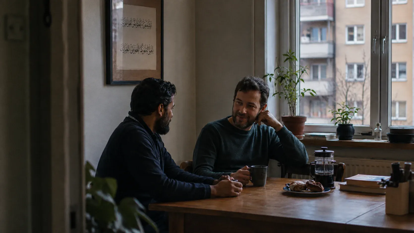 Två män samtalar över kaffe vid ett köksbord i vinterljus, med en inramad arabisk kalligrafi på väggen och ett svenskt flerfamiljshus utanför fönstret.
